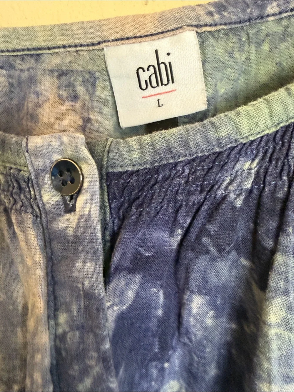 CAbi Woodstock Top Blue Green Tie Dye Linen Blend Babydoll Blouse size large